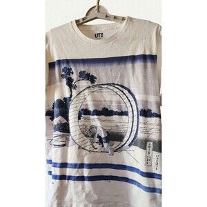 Uniqlo x Hokusai Blue UT Japanese theme big logo tee shirt Large Nice D25